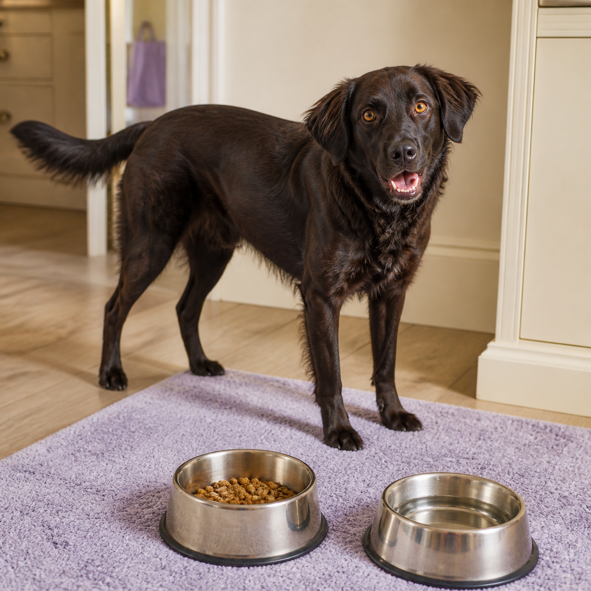 Rizzo standing beside stainless steel bowls in a cozy Mealtime setting