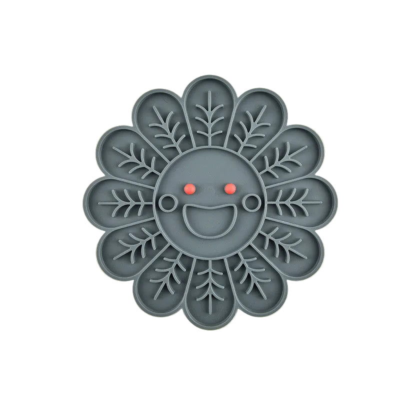 Charcoal Happy Flower Slow Lick Mat for dogs, 7.9 inches across