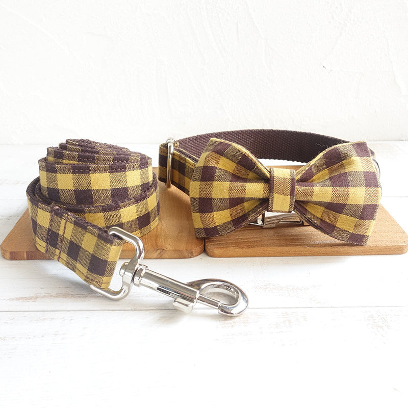Cocoa gingham dog collar, leash, and bow tie walk set