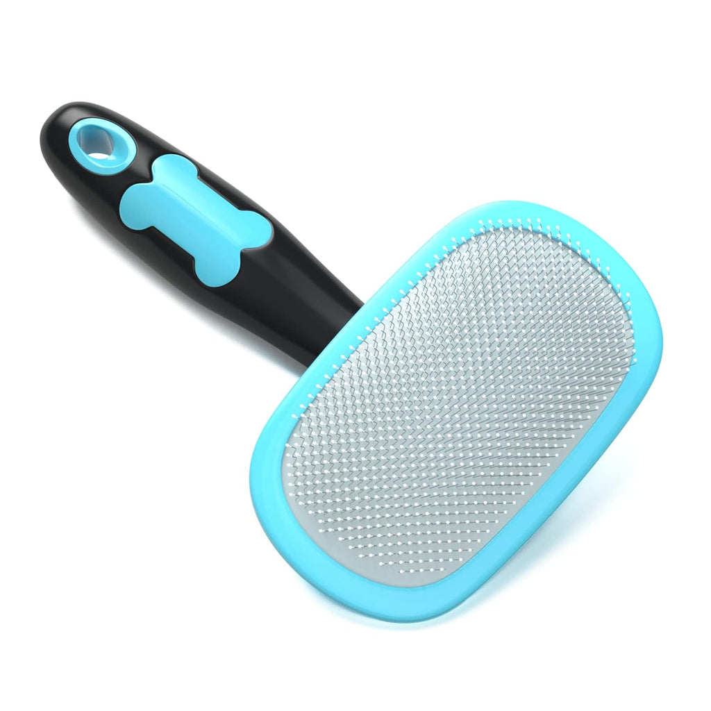 Blue slicker grooming brush with rubber comfort grip