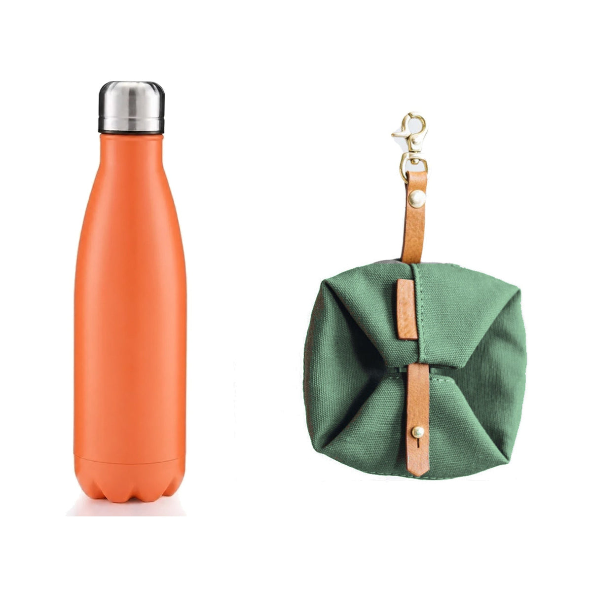 An orange insulated water bottle with a silver cap stands next to a green fabric pouch with tan leather straps and a metal clasp, on a white background.